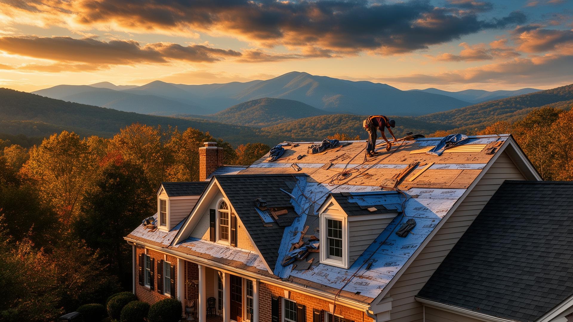Roofing crew on Virginia home with Blue Ridge mountains